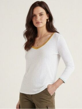 Boden 100% Linen White V-Neck Top Contrast Yellow Blue Trim 3/4 Sleeve Size M